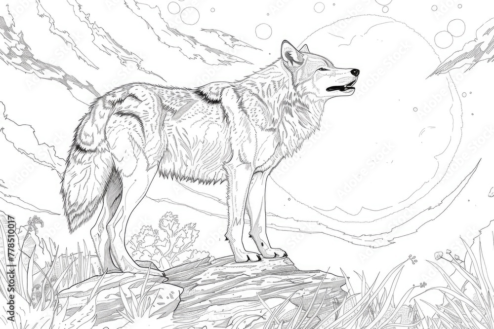Obraz premium Wolf standing on the rock howling at the moon coloring page for children. Black and white picture. AI Generated 