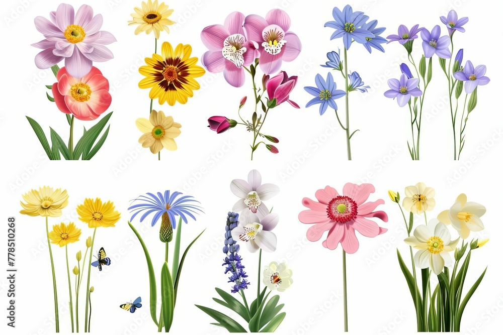 Beautiful set of diverse spring season flowers, colorful floral collection, detailed vector illustration
