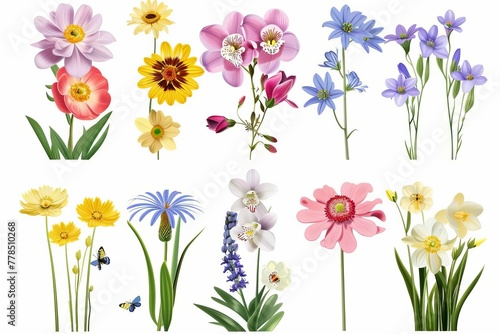 Beautiful set of diverse spring season flowers, colorful floral collection, detailed vector illustration