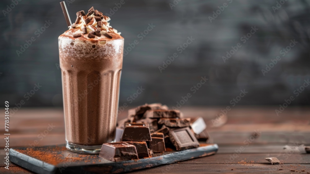 chocolate in a glass cup, soft, with chocolate bar topping on top chocolate in a glass cup, soft, with chocolate bar topping on top