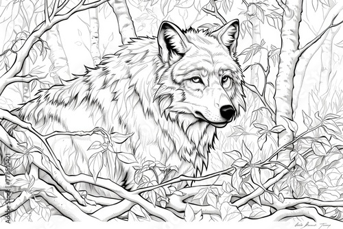 Wolf in the forest coloring page for children. Black and white picture. AI Generated 