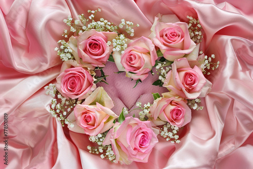 A heart-shaped floral arrangement made of pink roses and baby s breath  expressing love and birthday wishes  placed on a soft  pink fabric.
