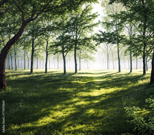 A serene and peaceful forest scene with tall trees on either side of the path.