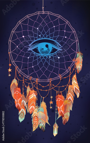 Hand drawn Native American Indian talisman dreamcatcher with feathers and moo...