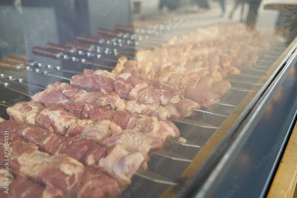 barbecue on skewers, raw meat barbecue on skewers, raw meat