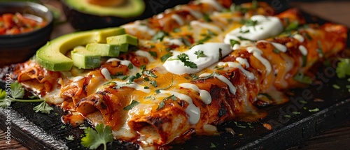 Enchiladas, corn tortillas rolled with chicken, smothered in red chili sauce, melted cheese on top, baked to perfection, garnished with sour cream and avocado slices. photo
