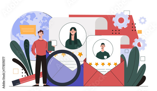 Job management concept. Man with magnifying glass near envelopes with Curriculum Vitae. Time management and organization of efficient work process. Cartoon flat vector illustration