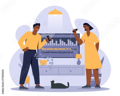 Karaoke at home. Man and woman with microphone singing at apartment. Entretainment, fun and leisure indoors. Party and festival. Cartoon flat vector illustration isolated on white background