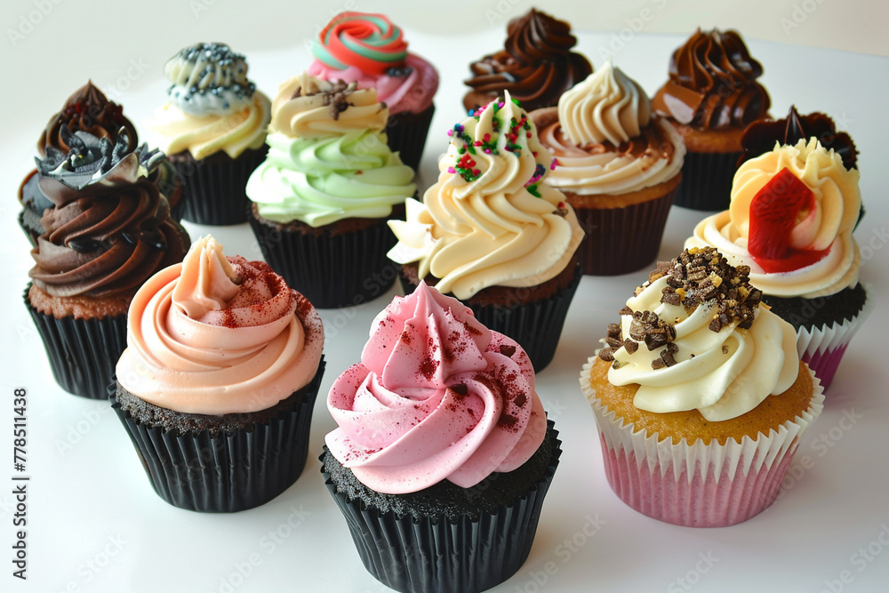 A set of elaborately decorated cupcakes, each with a different flavor and frosting, arranged in a circle. 