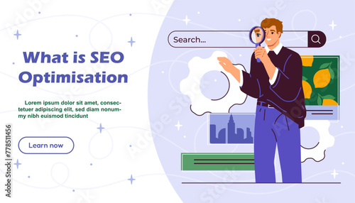 Local SEO poster. Promotion in social networks and messengers, websites. SMM specialist with magnifying glass and coghweeels. Landing webpage design. Cartoon flat vector illustration
