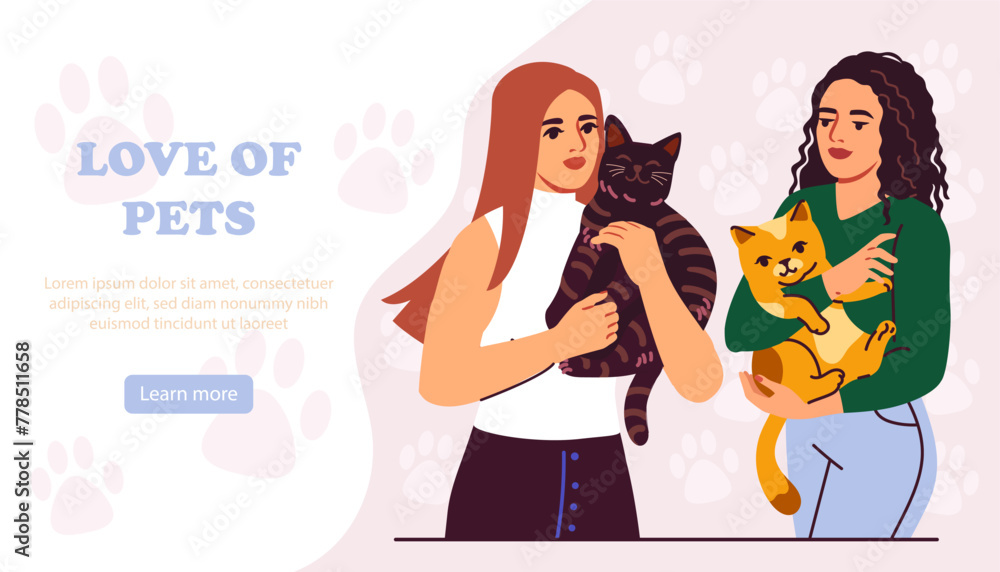 Love of pet poster. Women with purebred cats. Love and care about domestic animals. Charity, kindness and generosity. Landing webpage design. Cartoon flat vector illustration Love of pet poster. Women with purebred cats. Love and care about domestic animals. Charity, kindness and generosity. Landing webpage design. Cartoon flat vector illustration