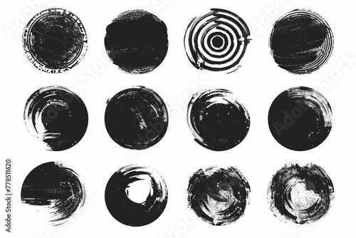 Artistic set of hand-drawn circle icons with expressive black brush strokes on white background, vector illustration