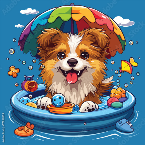 A charming graphic of a dog splashing in a kiddie pool filled with water toys, with a rainbow-colored umbrella overhead, Vector, Cartoon , T - shirt design