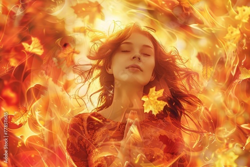 Sensual woman in euphoric trance, surrounded by swirling autumn leaves, experiencing spiritual awakening and divine ecstasy, conceptual digital painting photo