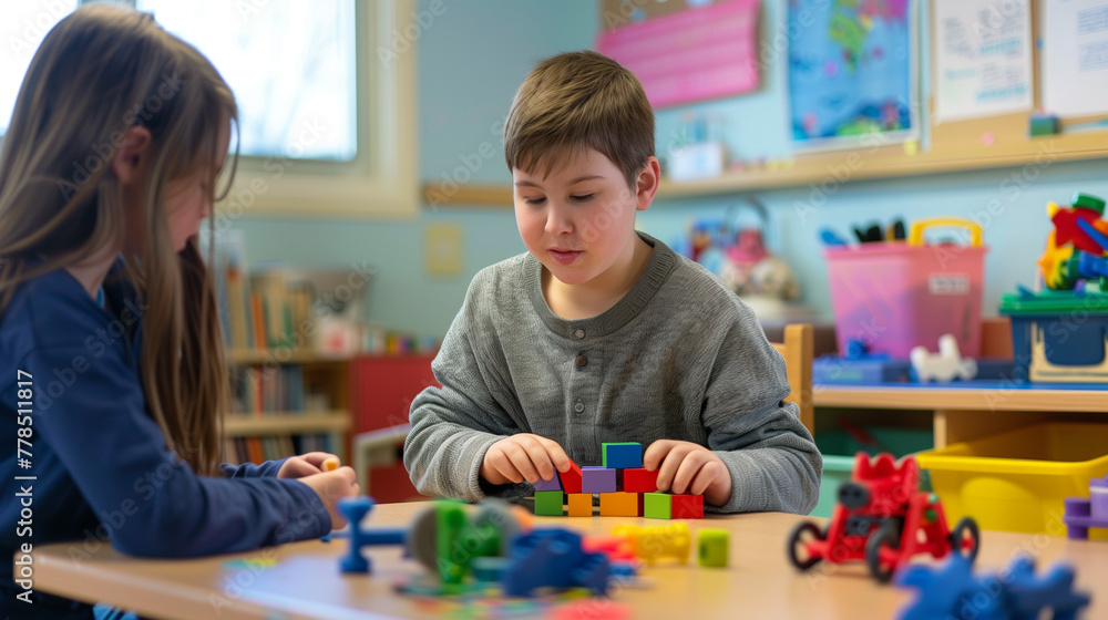 Fototapeta premium Focused Boy Building with Colorful Blocks in Elementary School Setting