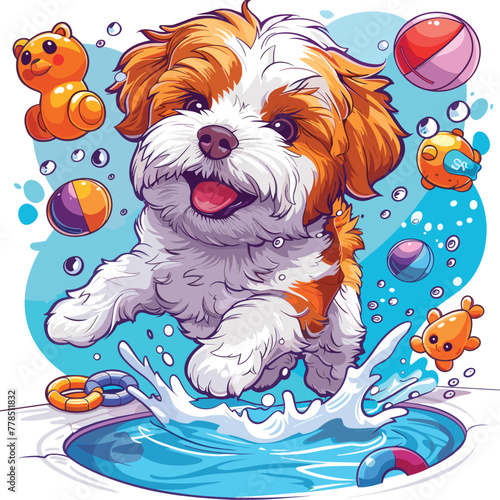 A dynamic graphic of a dog leaping into a pool from a diving board, with a splash of water and inflatable toys surrounding them, Vector, Cartoon , T - shirt design