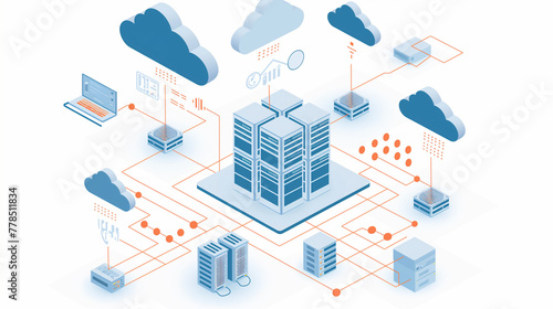 Isometric Illustration of Data Center Network, Blue and Orange Connectivity Concept