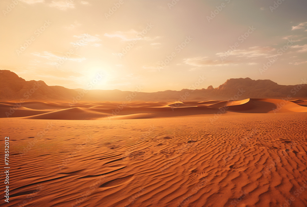 Desolate desert with sand dunes and mountains