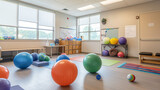 Brightly Colored Physical Therapy Gym, Variety of Exercise Balls, Modern Rehabilitation Center