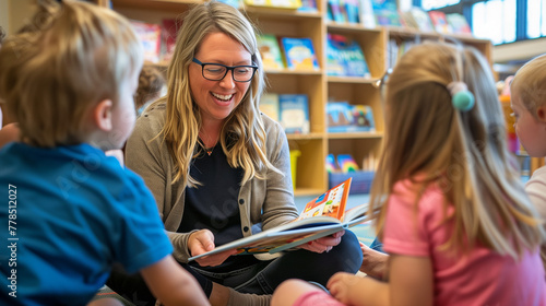 Smiling Female Teacher Reading to Young Children in a Library