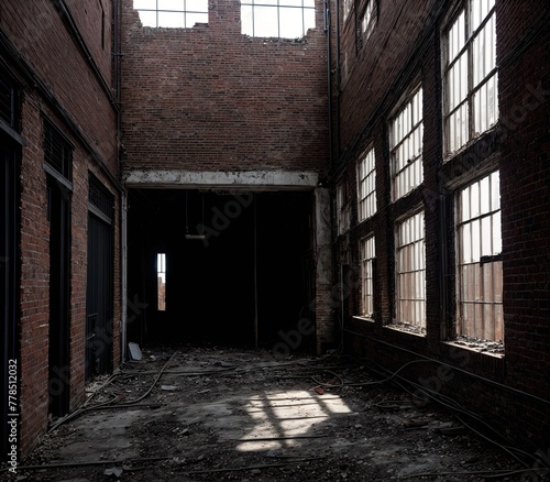 An image of an old  abandoned building with broken windows and a dark interior.