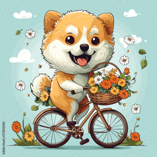 A playful graphic of a dog riding a bicycle with a basket full of summer flowers, spreading joy and smiles wherever they go, Vector, Cartoon , T - shirt design