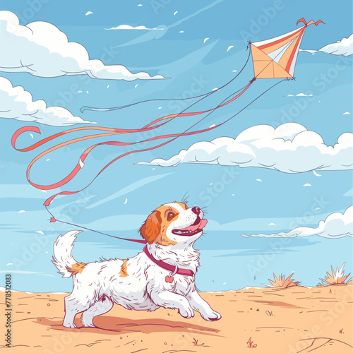 A playful illustration of a dog chasing a kite on a breezy summer day, with colorful ribbons trailing behind in the sky, Vector, Cartoon , T - shirt design