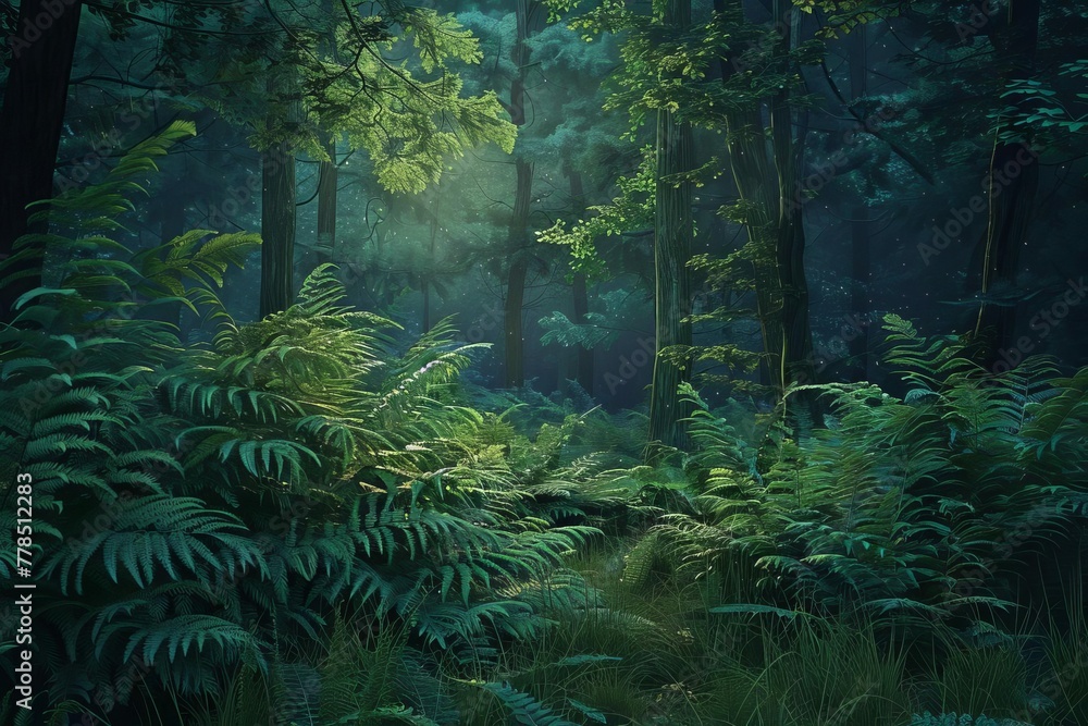 Enchanting forest scene with lush green ferns illuminated by the soft glow of a midsummer night, digital painting