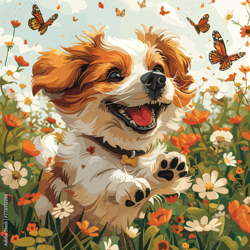A whimsical illustration of a dog enjoying a picnic in the park, surrounded by summer blooms and tasty treats, Vector, Cartoon , T - shirt design