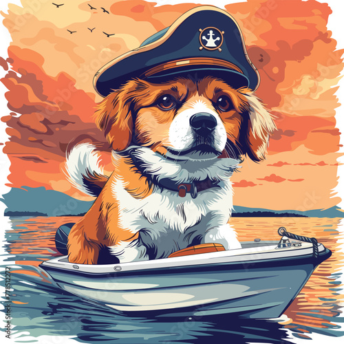 A whimsical illustration of a dog wearing a captain's hat and steering a boat on a tranquil summer lake, with a gentle breeze blowing, Vector, Cartoon , T - shirt design