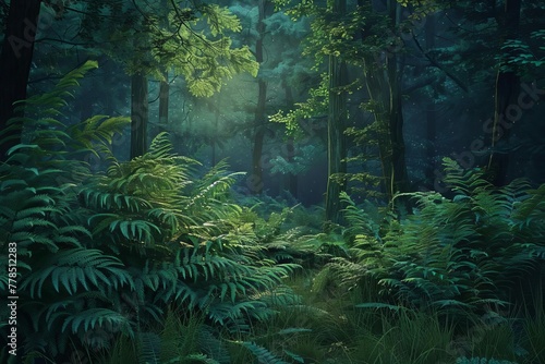 Enchanting forest scene with lush green ferns illuminated by the soft glow of a midsummer night  digital painting