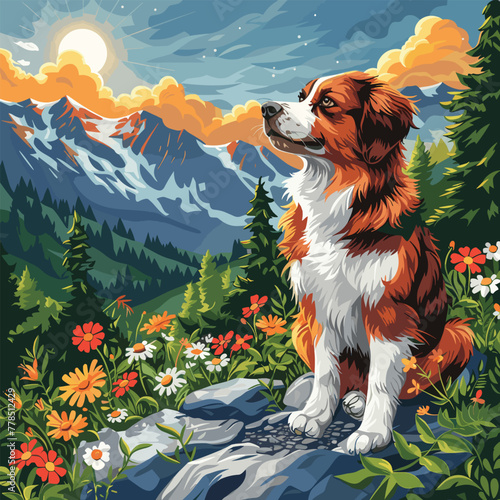 An artistic rendering of a dog enjoying a scenic hike along a mountain trail, with wildflowers blooming and a bright summer sun overhead, Vector, Cartoon , T - shirt design