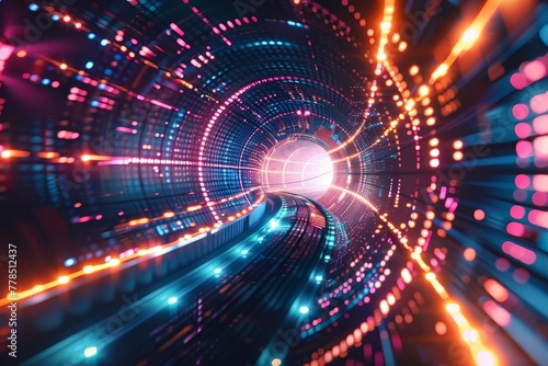 Futuristic abstract background with glowing neon portal tunnel and high-speed data transfer waves, digital art