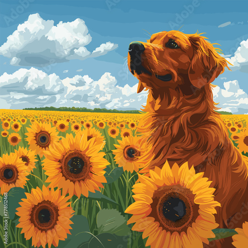 An artistic rendering of a dog exploring a sunflower field, with bright yellow blooms stretching as far as the eye , Vector, Cartoon , T - shirt design