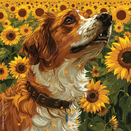 An artistic rendering of a dog exploring a sunflower field, with bright yellow blooms stretching as far as the eye , Vector, Cartoon , T - shirt design