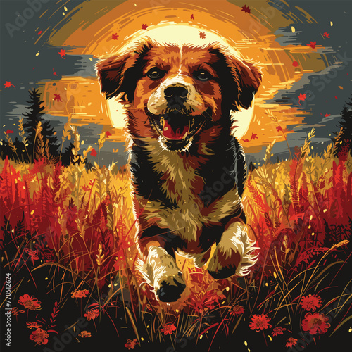 An energetic illustration of a dog racing through fields of tall grass, with the sun setting in the background and casting a golden glow over the landscape, Vector, Cartoon , T - shirt design
