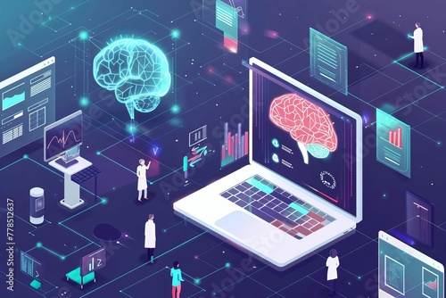 Futuristic healthcare technology concept with AI machine learning and smart brain neurolink, digital illustration