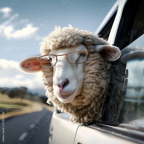 Eid Al Adha greeting with stylish sheep selfie in car under the sky Eid Al Adha social media post photo