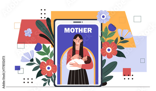 Mother with child. Woman with baby at hands. Care and protection of sick boy or girl. Poster or banner for international moms day. Cartoon flat vector illustration isolated on white background