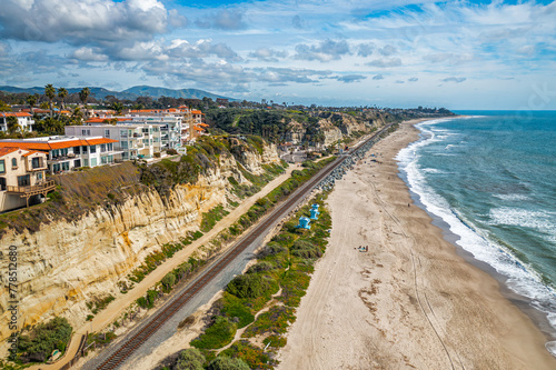 Aerial View Facing North in San Clemente of Beach and Cliffside Train Tracks © Thomas