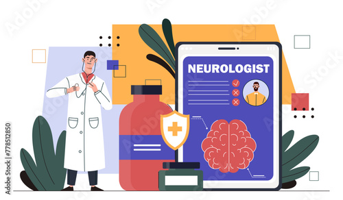 Man neurologist concept. Doctor in medical uniform with sthetoscope. Medical and scientific research. Pills and medicines, drugs. Cartoon flat vector illustration isolated on white background