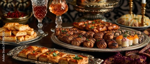 An elegant Ottoman-inspired dining setting with a platter of succulent kebabs, a rich assortment of baklava in a silver tray, and a crystal bowl of assorted Turkish delight,.