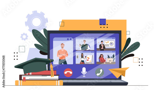 Online briefing concept. Remote workers and employees communicate in video conference and chat. Business discussion on internet. Cartoon flat vector illustration isolated on white background