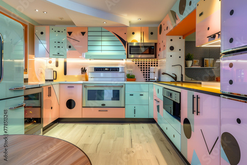 A mid-century modern kitchen boasting retro pastel hues, geometric patterns, and sleek, futuristic appliances.