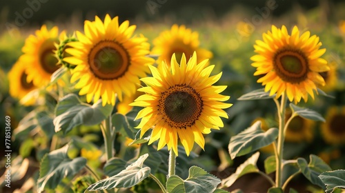 Blooming sunflower crop field