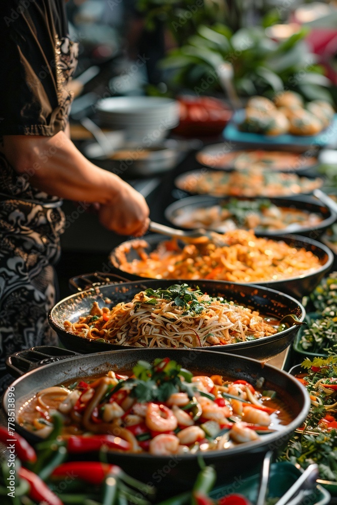 A vibrant Thai street food scene with a chef stir-frying pad Thai in a wok, bowls of spicy tom yum goong with vibrant herbs and shrimp, and a pot of aromatic green curry.