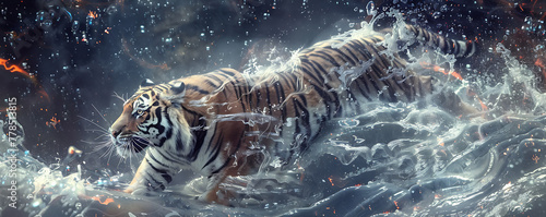 majestic tiger in water splashes, running in ocean waves on dark night background