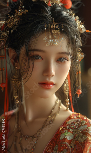 Chinese young beautiful woman wearing a Tang Dynasty style dress and jewelry photo