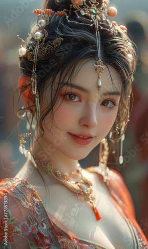 Chinese young beautiful woman wearing a Tang Dynasty style dress and jewelry photo