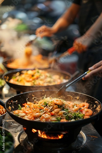 A vibrant Thai street food scene with a chef stir-frying pad Thai in a wok, bowls of spicy tom yum goong with vibrant herbs and shrimp, and a pot of aromatic green curry.